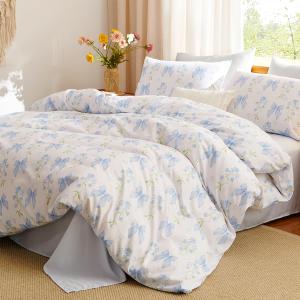 Bow Bedding Duvet Cover Full Kids Girls Blue Floral Duvet Cover Set Romantic Princess Style Bowknot Bedding Set Ultra Soft Reversible Garden Flower Comforter Cover 3 Pieces