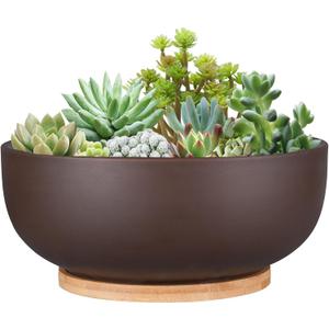 10 Inch Terracotta Planter, Large Succulent Bonsai Planter Pot with Drainage Hole and Bamboo Saucer for Indoor Plants, Brown