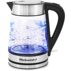 Elite Gourmet EKT602X Glass Electric Tea Kettle Hot Water Heater Boiler BPA-Free with Blue LED Interior, Fast Boil and Auto Shut-Off, Strix Controller, 1.7L, Stainless Steel