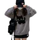 Y2K Kawaii Knit Cute Cat Print Casual Long Sleeve Crew Neck Oversize Pullovers Sweaters for Women (Grey,Medium)