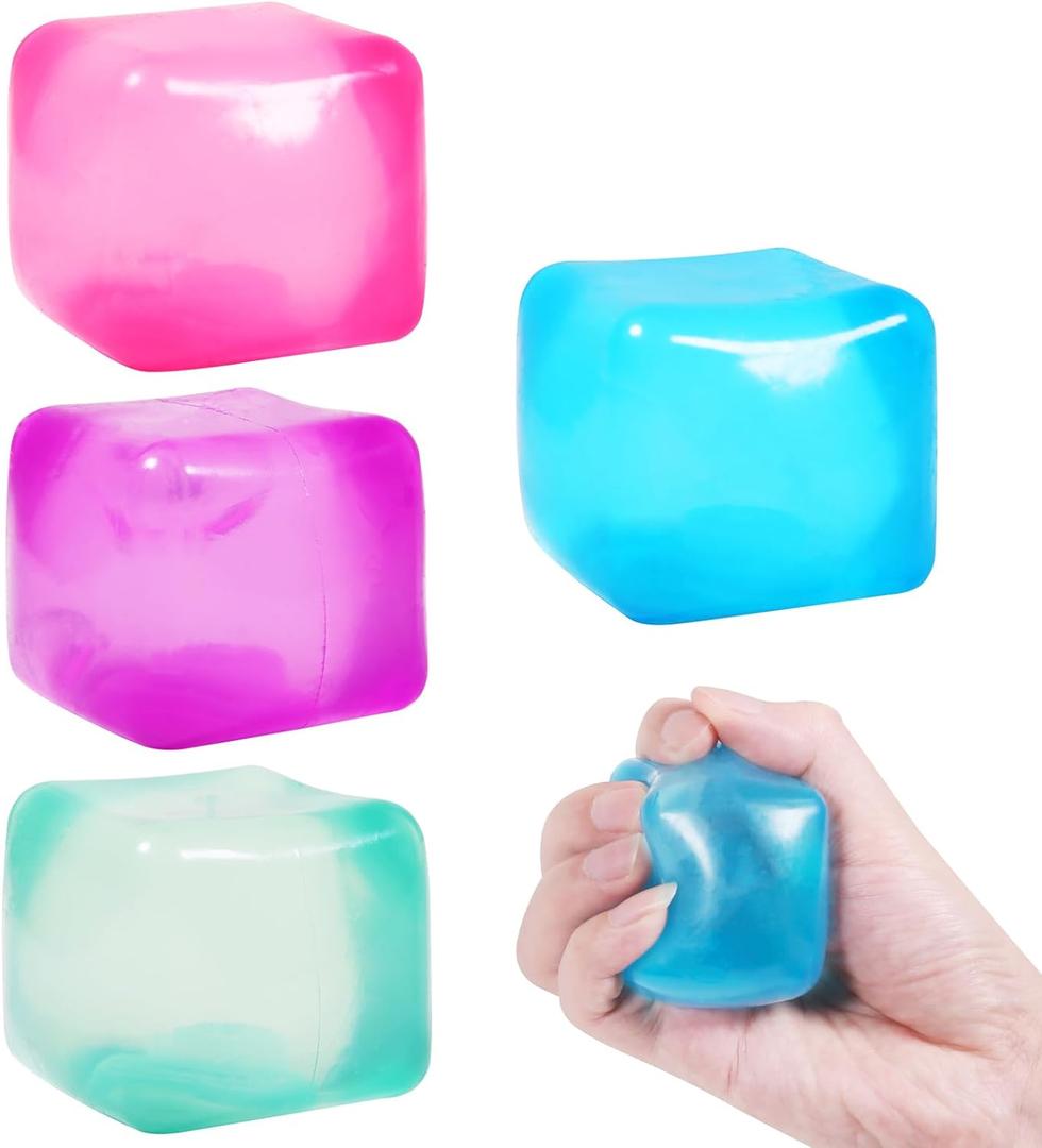 4pack Stress Cube Squishy Stress Balls for Adults Kids Fidget Toy for Your Best Mellow and Chill -Ice Cubes-Square Shape with Filling in Pink Blue Purple Green -Age 3 to Adult(4pcs Cube)
