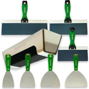 Medusa's Carbon and Blue Steel Drywall Taping Knife set with S.S. 12" Mud Pan And Grip: Classic Style Light Handles with Strong Flexible Blades, Note to Beginners All blades will Rust, watch video
