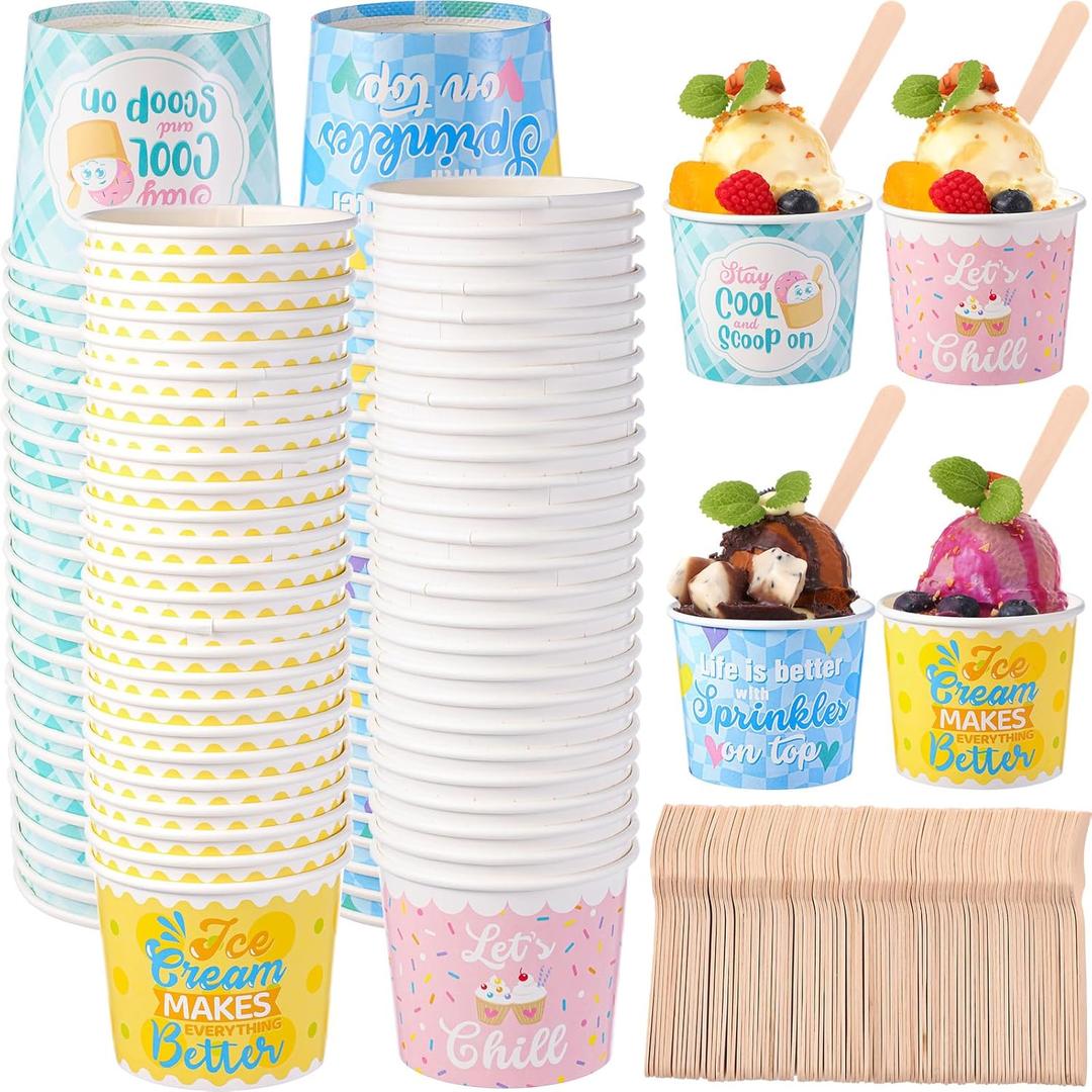100 Sets 6 oz Paper Ice Cream Cups with Wooden Spoons Bulk Ice Cream Sundae Bar Supplies Disposable Dessert Bowls Containers for Spring Summer Graduation Bar Party Decorations Supplies