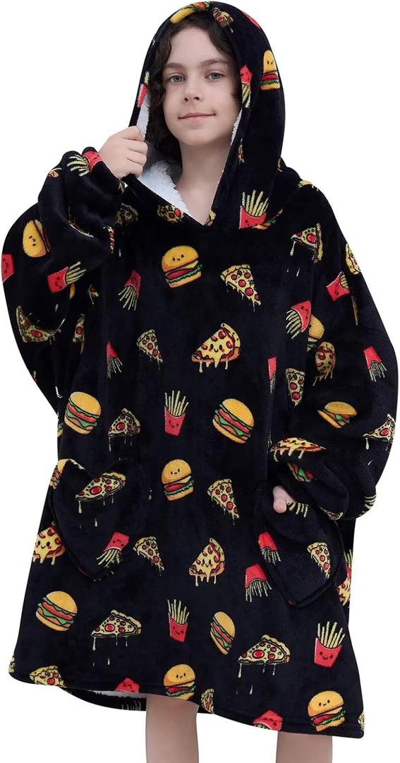 Fiosnow Pizza and Chips Blanket Hoodies for Kids 6-13YR Oversize Wearable Blanket Hoodies for Boys Girls Teens