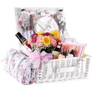 Wicker Picnic Basket for 4 with Waterproof Picnic Blanket and Insulated Cooler, Willow Hamper for Camping, Outdoors, Photoshoot, or a Birthday, Mother's Day, Wedding Gift, White
