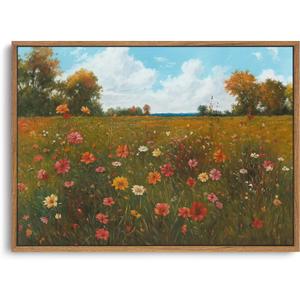 OIQArtOIQ Vintage Landscape Framed Wall Art Fall Countryside Colorful Wildflower Field Canvas Art Prints Farmhouse Cottagecore Pictures Wall Decor Rustic Meadow Paintings Artwork For Kitchen Bedroom (12x16 in)