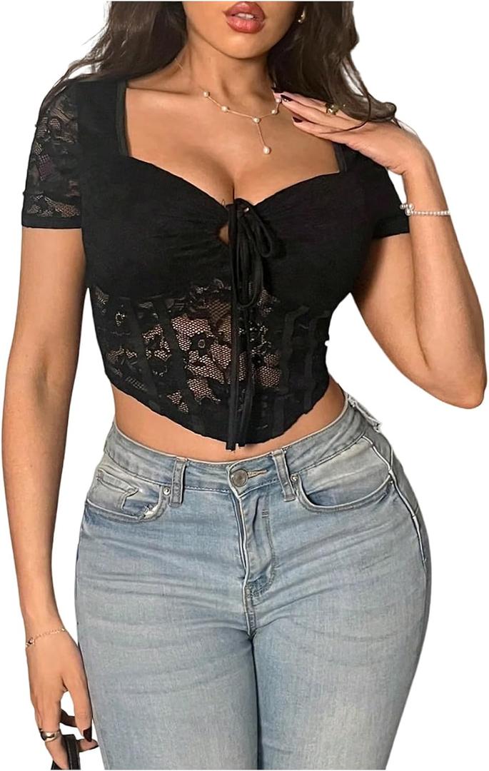 Women's Floral Print Crop Tops Summer Tie Front Short Sleeve Asymmetrical Cute Tees Shirt (Black, S)