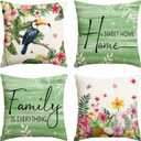 AVOIN colorlife Summer Home Sweet Home Floral Toutan Plumeria Throw Pillow Covers, 18 x 18 Inch Family is Everything Green Holiday Seasonal Cushion Case Decorations Set of 4