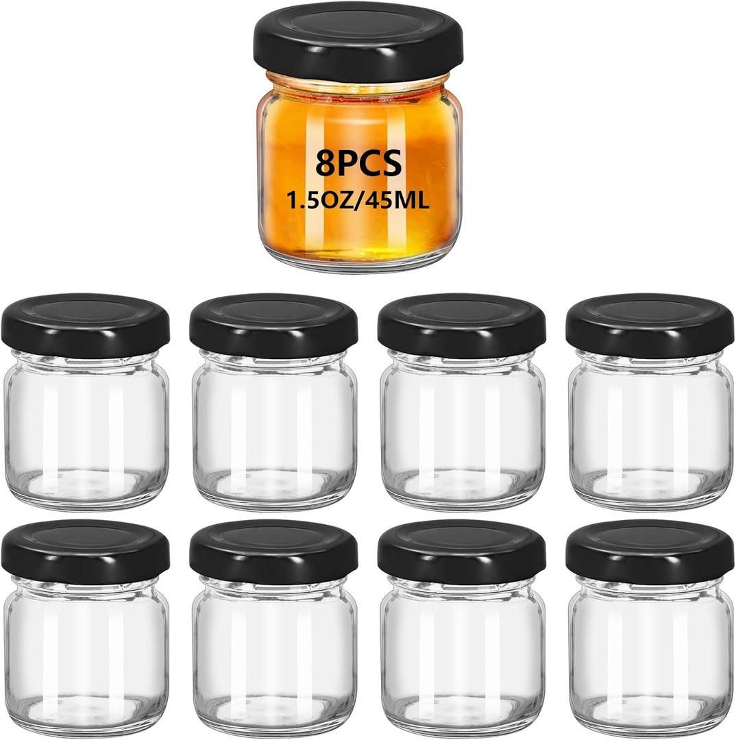 8 Pcs Glass 1.5 oz Mini Clear Honey Jars for Wedding Favor, Baby Shower, 45ml Small Glass Favor with Airtight Lids, Gift Jars, Sample Body Butter, Jam, Spices, Herbs, Candy (Black lid, Mini)