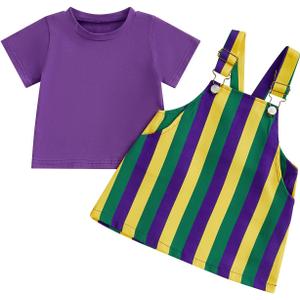 Yccutest Little Toddler Girl Mardi Gras Outfit Kids Short Sleeve T-shirt Adjustable Overall Dress Carnival Clothes For Girls (Purple, 2-3T)