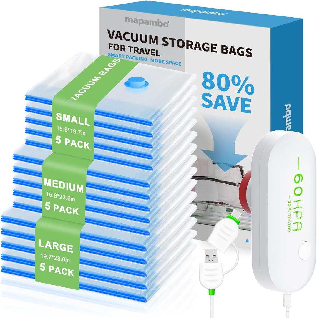 15 Pack Vacuum Seal Bags for Clothing Travel with -60000Pa USB Pump, Save 80% of Space for Clothes (15 Combo)