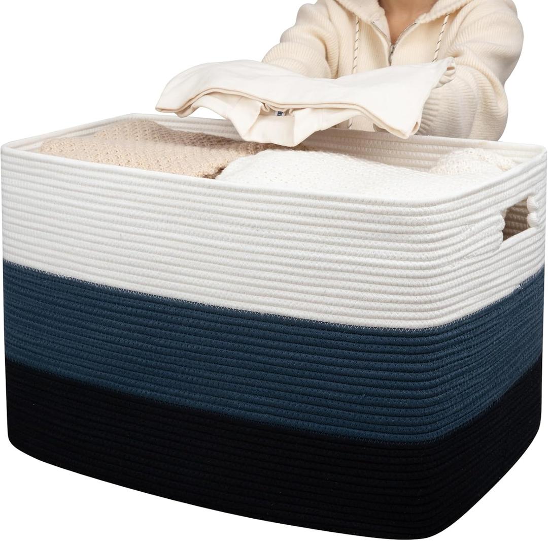 OIAHOMY 118L Extra Large Blanket Basket, Rectangle Woven Cotton Rope Storage Basket,Used for storing Dirty Clothes, Stuffed Animal Toy Storage for Living Room,Kids Room,25" x 17" x 16", Gradient Blue