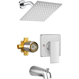 MTTCLE Shower Faucet Set with Tub Spout, 8 Inch Square Wall Mounted Rainfall Shower Head with Rough-in Valve Body, Bathroom Shower Trim Kit Single Function RV Shower System(Chrome)