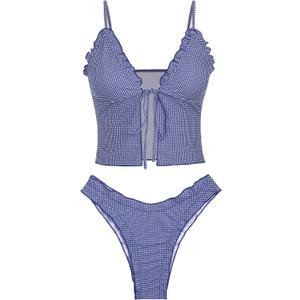 seamoly Women's Tankini Sets Tie Front Ruffle Bikini Set High Cut Thong Two Piece Swimsuit Floral Gingham Bathing Suit, Size: M