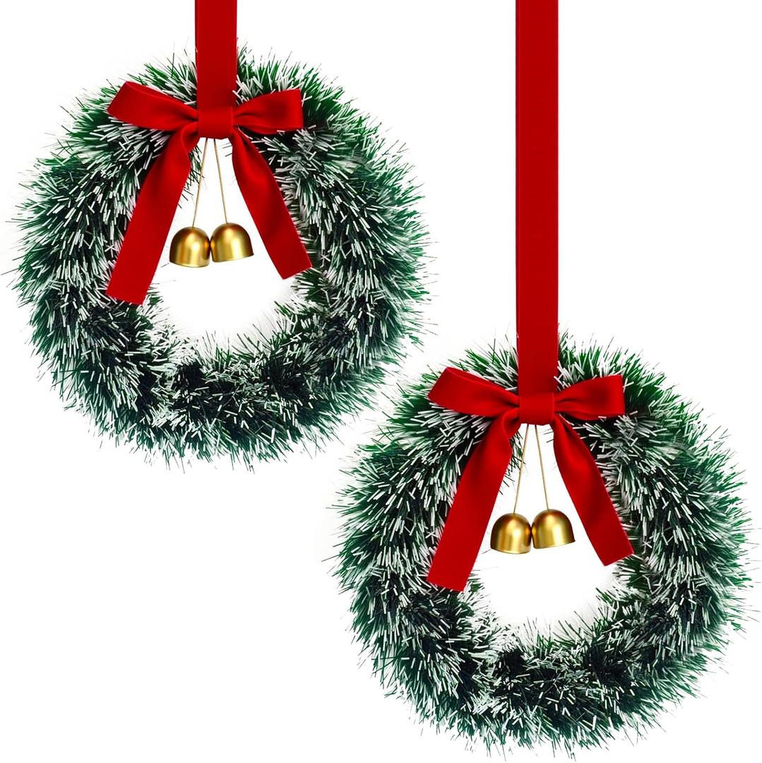 2 Pack Christmas Wreaths for Front Door  11 Inch Small Faux Pine Wreaths with Red Velvet Bow and Bell for Kitchen Cabinets, Wall, Window, Christmas Wreath Decorations