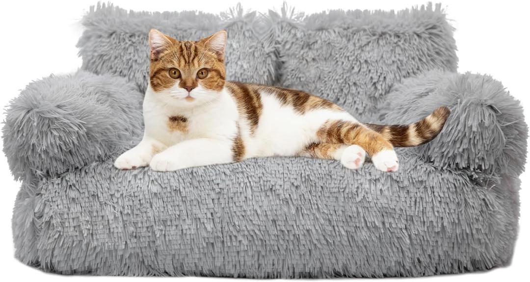 Cat Couch Bed for Indoor Cats, Calming Pet Sofa Puppy Sleeping Bed with Removable Washable Cover, Cute Dog Couch and Kitty Lounge Chair for 18lbs Cat & Small Dog(Plush Gray) (26"Lx18"Wx12"Th)