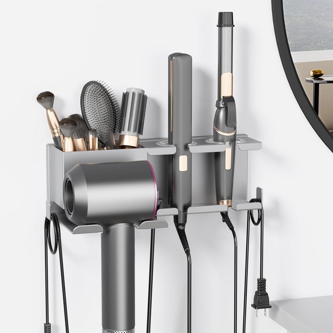 Hair Dryer Holder, Hair Tool Organizer, Blow Dryer Hanger Wall Mount for Dryer Hook, Bathroom Space-Saving Blow Dryer Organizer, Curling Irons Storage Wall Mounted (Gray)