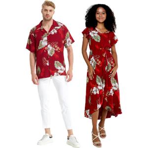 Matchable Couple Hawaiian Luau Shirt or Wrap Ruffle Dress in Pineapple Garden Black (Large)