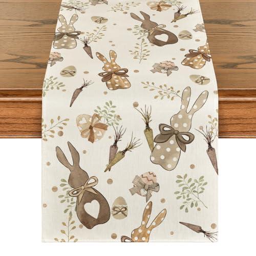 Artoid Mode Bunny Rabbit Eucalyptus Eggs Carrots Easter Table Runner, Seasonal Spring Kitchen Dining Table Decoration for Home Party Decor 13x48 Inch