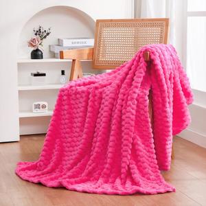 Puncuntex Hot Pink Throw Blanket 50"x60" inches Gifts for Mom Fuzzy 3D Jacquard Decorative Flannel Fleece Super Soft Plush Cozy Blanket for Couch Sofa Chair Lightweight