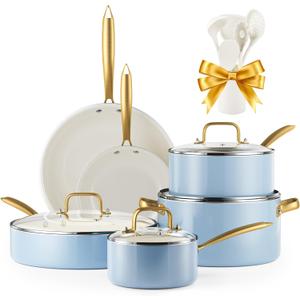 Ceramic Cookware Set, VONIKI 16 Pcs Pots and Pans Set Non Stick, Kitchen Cookware Sets with Cooking Utensils Set, Non Toxic Cookware Set White Gold Pan Set for Cooking Pot Oven & Dishwasher Safe, Gift