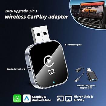 Wireless CarPlay Adapter for Android Auto - 3 in 1 Airplay Mirror Link Adapter Multi-User Seamless Connection Converts Wired to Wireless CarPlay Adapter - No Latency from iOS 10+ to Screen w/USB-C