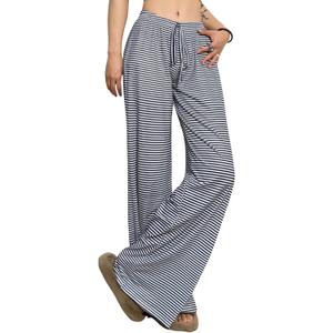 Striped Wide Leg Pants for Women - Casual Loose Fit High-Waisted Drawstring Pajama Pants - Straight Trousers (M)