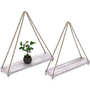 Comfify Hanging Shelves for Wall - Set of 2  Rustic Farmhouse Boho Shelves with String  17x5.2  Thick Distressed, Torched Look Real Wood - Rustic White