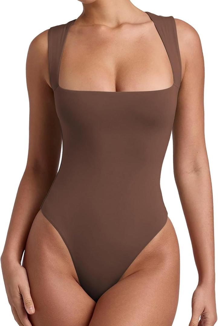 REORIA Butsmooth Womens Sexy Sleeveless Square Neck Double Lined Basic Bodysuit Tank Tops (Medium, Coffee)