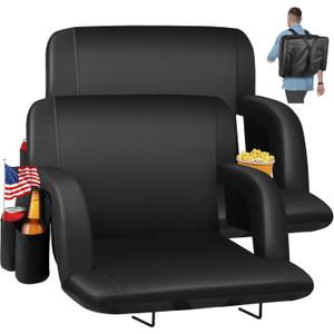 HOPERAN Stadium Seats for Bleachers with Back Support, Half-fold Portable Bleacher Chairs with Back and Cushion, 600D Waterproof Reclining Extra Wide Bleacher Seat for Outdoor Sports (25", Black 2pcs)