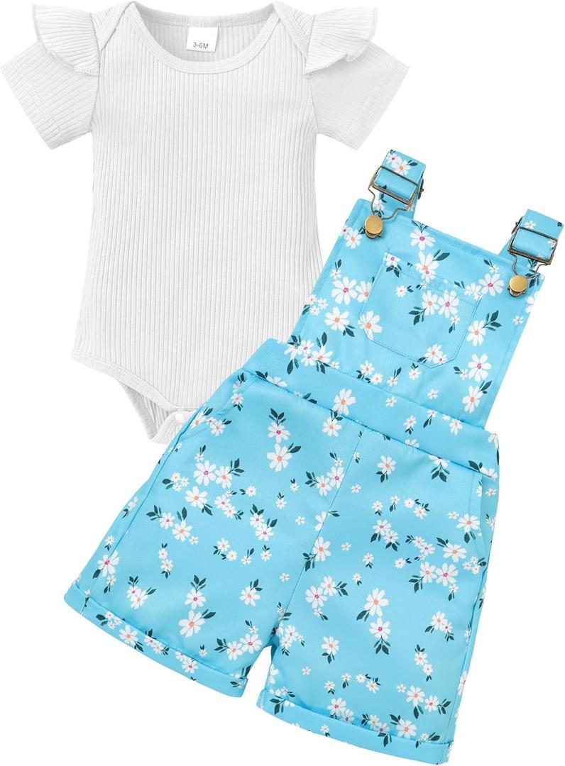 Baby Girl Clothes Summer Cute Outfit Ruffle Short Sleeve Bodysuit Daisy Print Overalls Set of 2 (9-12 Months)