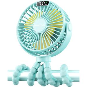 SWEETFULL Portable Stroller Fan with Display 4000mAh Battery Powered Mini Clip On Fan, 4Speed Rechargeable Small Personal Cooling for Baby Car Seat Crib Travel  Cyan