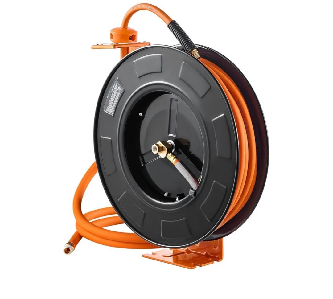 Air Hose Reel 3/8 inch x 100 ft Retractable, 300 PSI Rubber Air Hose Reel with Auto Rewind, 4 Non-Snag, Wall/Ceiling Mount for Garage Workshop