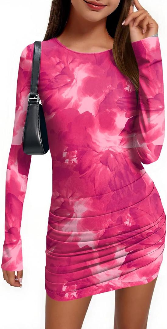 MITILLY Girls Party Bodycon Teen Dress Long Sleeve Ruched Flower Mesh Cocktail Birthday Wedding Guest Dance Short Dresses 14 Years Hot Pink (Pink)