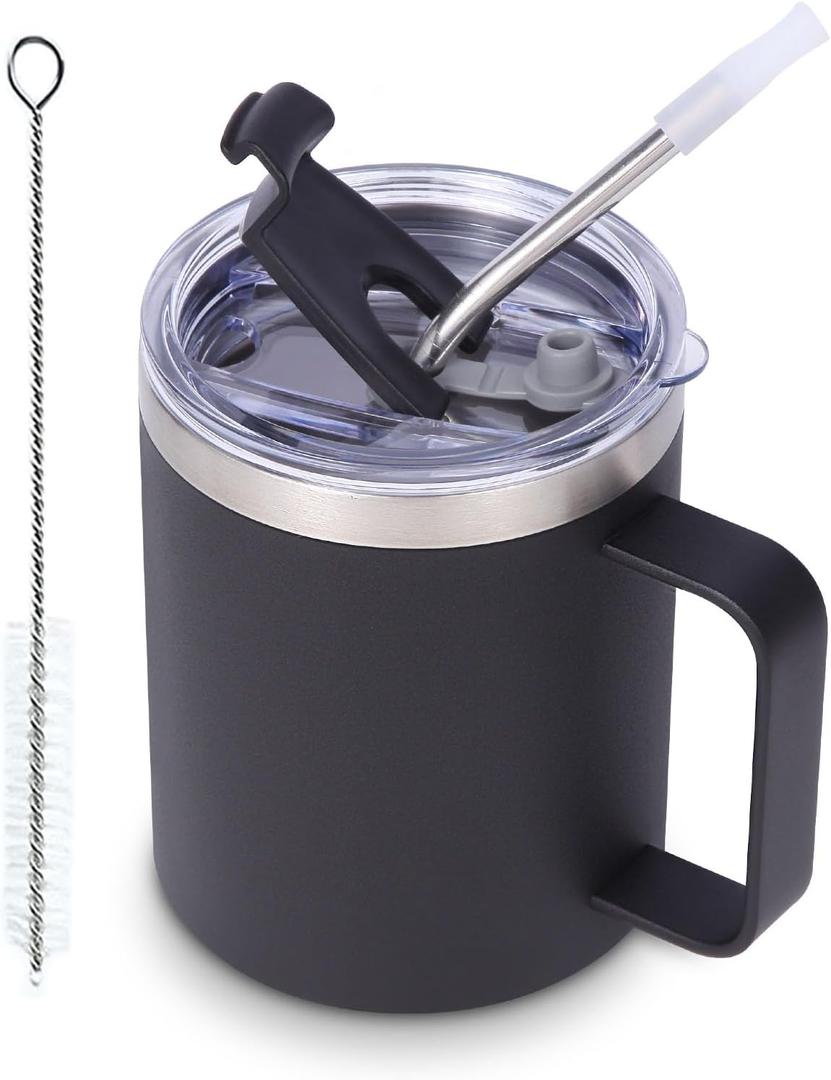 Volhoply 12oz Insulated Leakproof Coffee Mug with Flip & Straw Lid,Double Wall Vacuum Stainless Steel Travel Cafe Tumbler Cup with Handle, Reusable Camping Mugs Keep Cold/Hot (Black,1 Set)