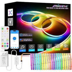 MIWISE RGB Smart IC COB LED Strip Light,20ft Color Chasing Flexible LED Tape Light,WS2811 Addressable RGB Strip with APP Control/Music Mode,Work with Alexa/Google,for Party/Home DIY Lighting Projects