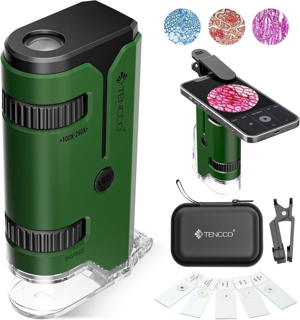 100x-250x Pocket Microscope for Kids Adults, Protable Handheld Miniscope, Mini Microscope Kit for Kids Adults Home School Lab Biology Science Education, Green