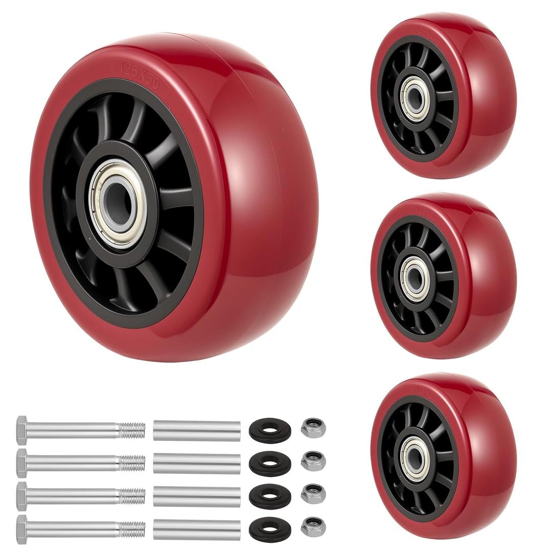Polyurethane Caster Wheels 5 Inch Set of 4 - Polyurethane on Polyolefin Core Wheel with Double Roller Bearing, Heavy Duty with 2200 lbs Capacity for Home/Industrial/Commercial Trolleys