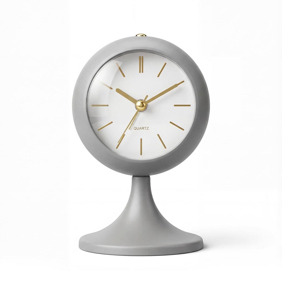 TIMESS Analog Alarm Clock, Mid-Century Modern Desk Clock, Silent Non-Ticking Quartz Table Clock with Gold Hands, Battery Operated Decorative Clock for Bedroom, Office, Living Room (Gold)