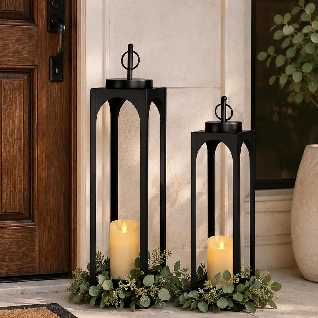 24" 19" Large Decorative Lanterns, 2 Pcs Black Floor Lanterns with Candles | No Glass, Timer Remote Control, Outdoor Lanterns for Porch Patio, Fireplace Mantel Decor, Large Lantern for Indoor Outdoor