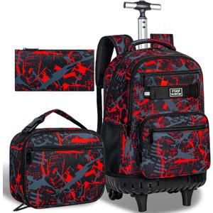 3Pcs Rolling Backpack for Boys, 19 Inche Adults Roller Bag with Wheels, Graffiti Wheeled Bookbag Set for Men(Red)