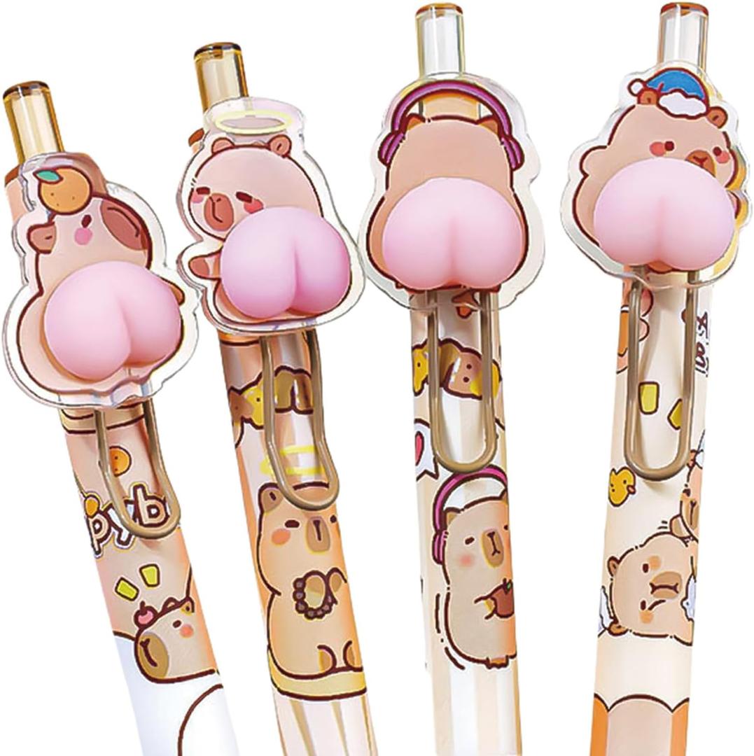4 Pcs Cute Retractable Pens Cartoon Capybara Pen 0.5mm Black Gel Ink Pens Funny Soft Grip Writing Pen for Women Men Office School Supplies (Capybara)