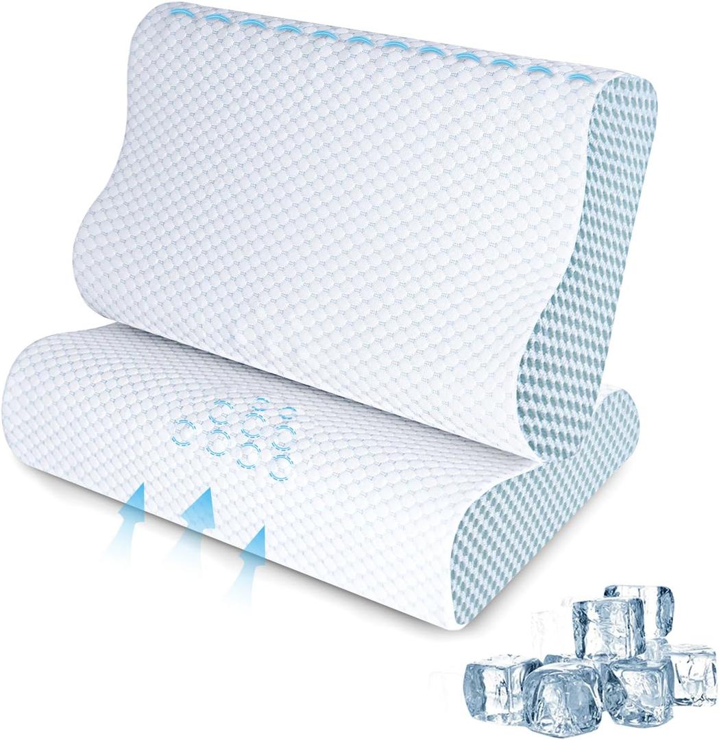 SUFOR 2 Pack Memory Foam Cooling Bed Pillows for Sleeping, Ergonomic Cervical Pillow for Neck and Shoulder Pain Relief, Adjustable Cold Pillow Set of 2,with PillowcaseBlue