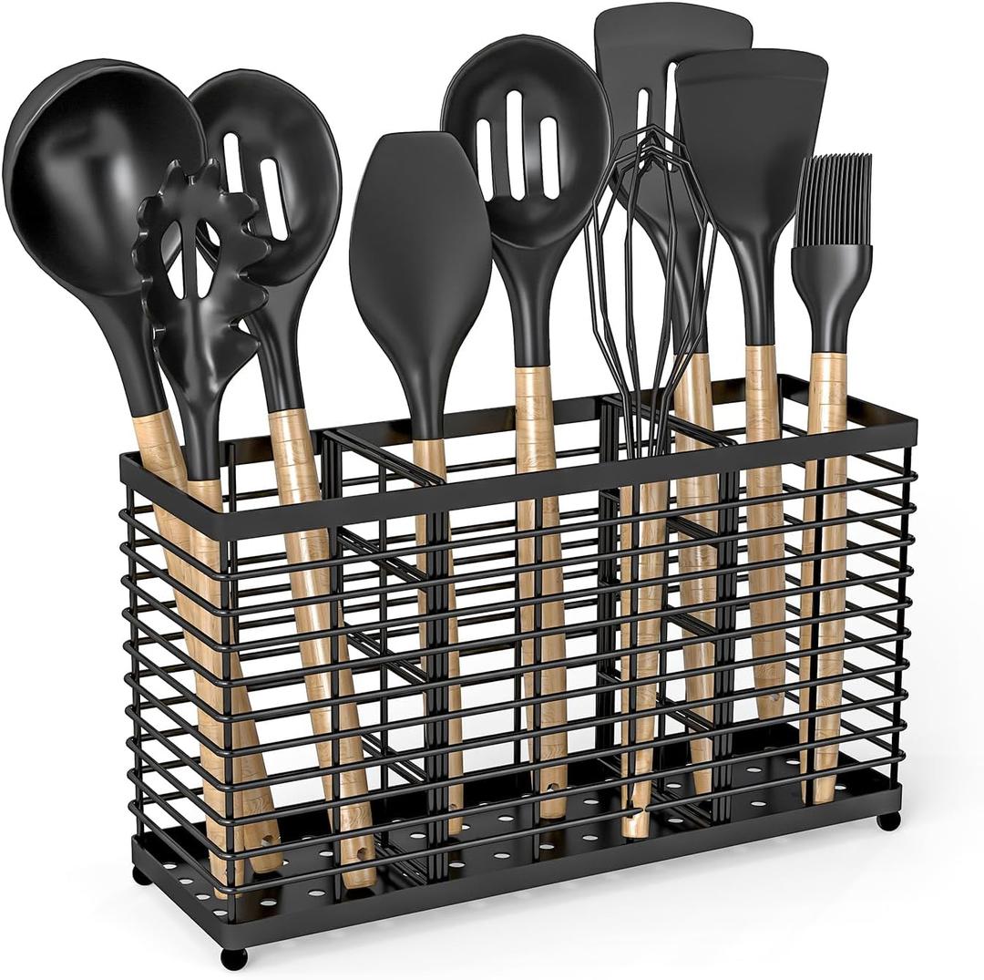 Kitchen Utensil Holder Large Utensil Rack, Metal Utensil Organizer with 3 Compartments Cooking Utensil Holder for Kitchen Counter Waterproof Rustproof (1 PACK)