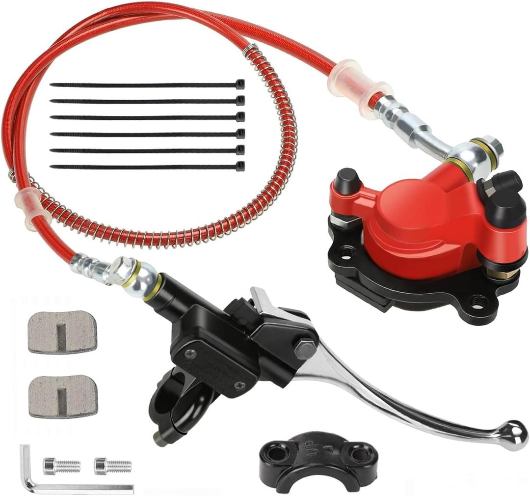 Left Hydraulic Disc Brake Caliper 50" Hose Tube Master Cylinder Brake Pad Kit for Baja Doodle Bug DB30 Blitz for Predator 79CC 97CC 100CC 212CC 2.8hp Mini Bike Dirt Bike Red
