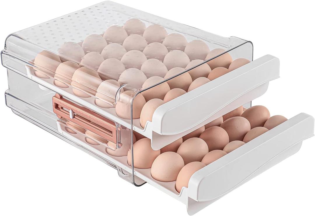 Sooyee 60 Capacity Egg Container for Refrigerator, Household Egg Holder with Time Memory, Transparent 2 Drawers Chicken Egg Storage Container, White