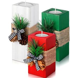 Sliner 3 Pcs Christmas Candle Holders with Candles Wooden Xmas Tealight Candle Holders Decorations Red White Green Votive Wood Candlestick for Christmas Table Centerpiece Decor Xmas Gifts