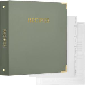 Aesthetic Recipe Binder with Waterproof Cover - The Perfect Recipe Book with Plastic Sleeves to Write in Your Own Recipes - Quality Blank Cookbook Binder, Cards incl. (Sage Green)