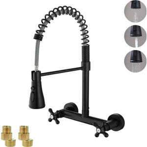 Wall Mount Sink Kitchen Faucets, Matte Black Wall Mounted Faucet 8 Inches Center Kitchen Sink Faucet with 3 Functions Sprayer, Matte Black 
