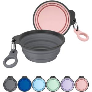 Aonkey Collapsible Dog Bowls with Bottle Carrier, 2 Pack Travel Dog Water Bowl Upgraded Carabiner, One-Piece Molded Rim No Fall Off or Crack, Foldable Silicone Portable for Pets Walking Hiking 15oz (1. Gray & Pink)